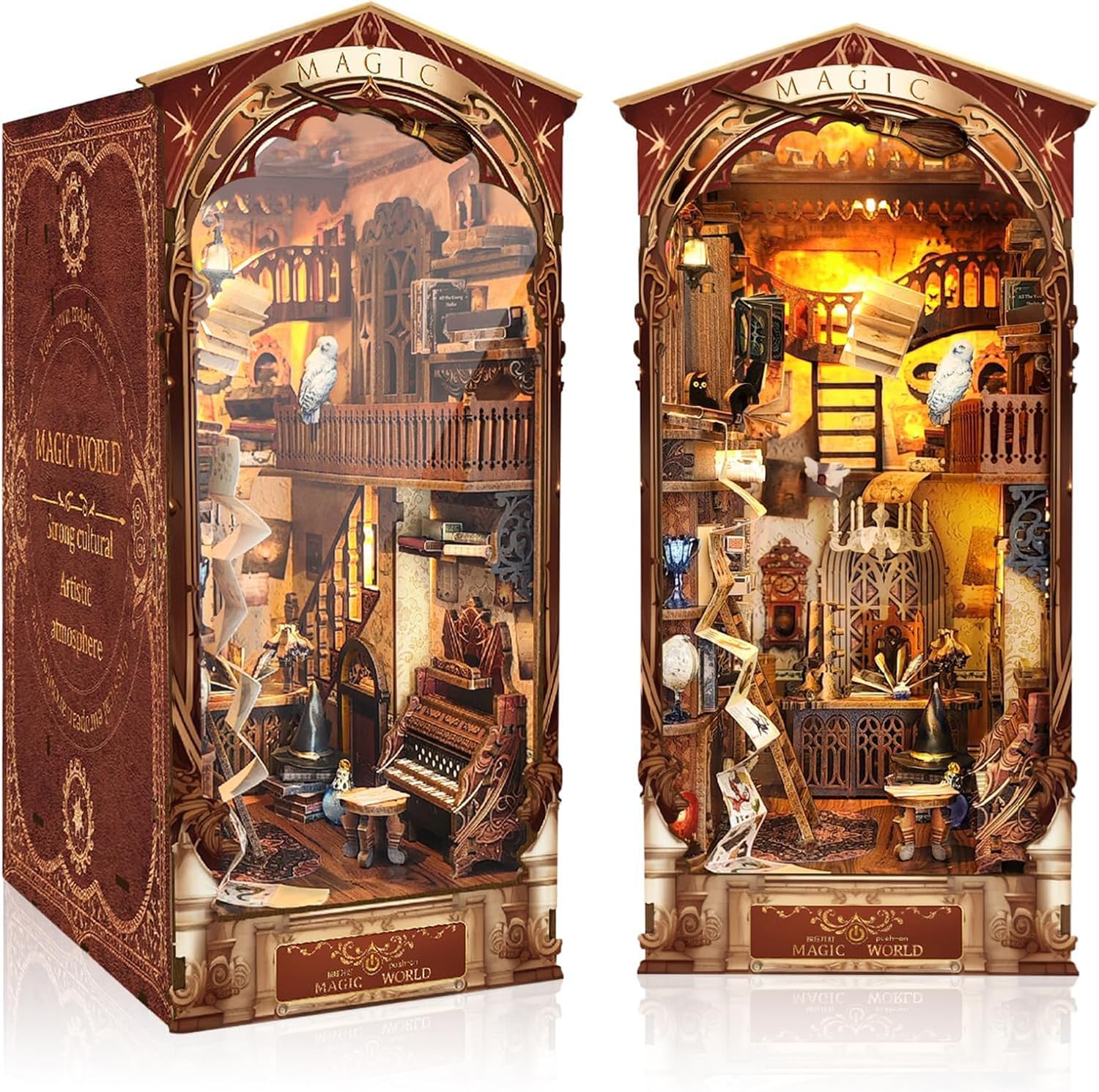 Detalle de RONSTONE Magische Wereld Book Nook Kit – houten 3D-puzzel met ledlicht en stofhoes