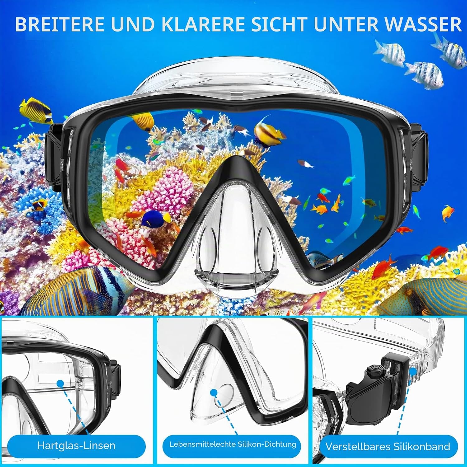 Thumbnail 1 de JEMULICE Schnorchelset Erwachsene mit Tauchmaske aus gehärtetem Glas und Dry-Schnorchel