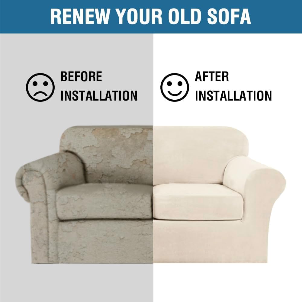 Thumbnail 6 de H.VERSAILTEX 3 Piece Stretch Sofa Covers for 2-Cushion Couch (Cream, Medium) – A Practical Upfit for Old Furniture