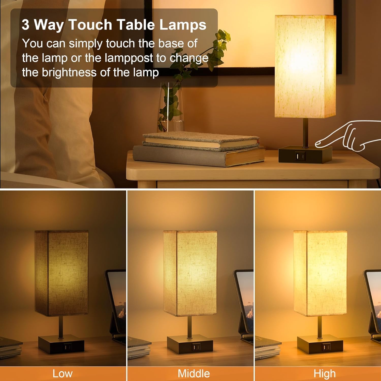 Thumbnail 1 de hansang Touch Bedside Table Lamp with USB-C and USB-A, Beige Shade, 3-Way Dimming