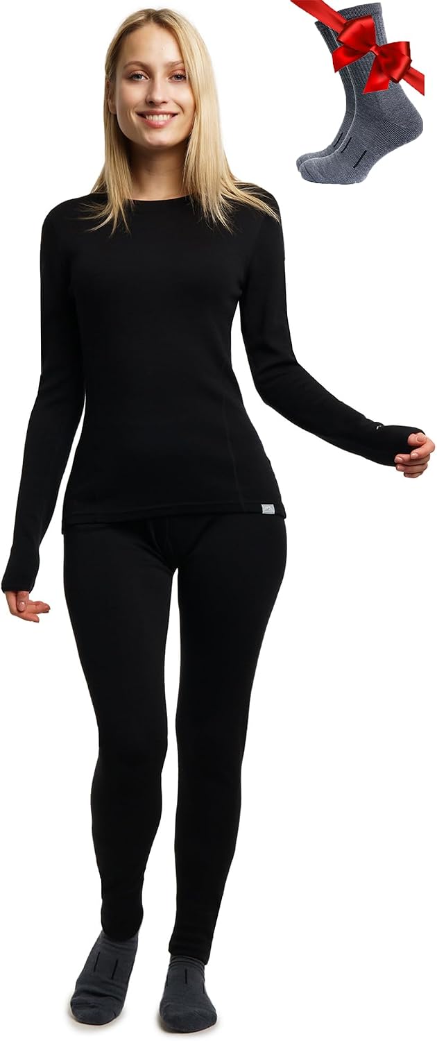 Detalle de Merino.tech Merino Wool Base Layer Women Set – Heavyweight to Midweight (Top + Bottom) with Socks