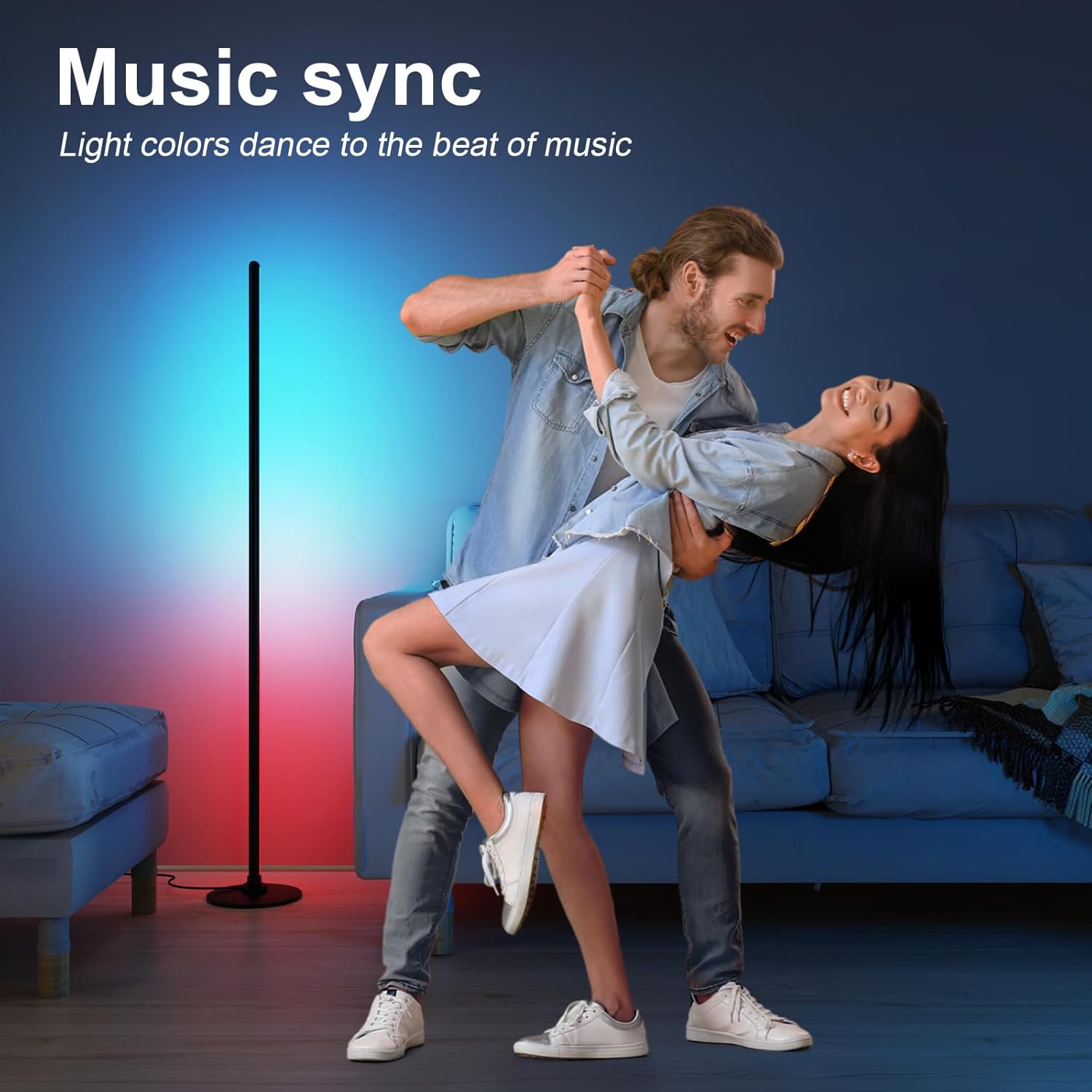 Detalle 2 de Lanmonlily LED Corner Floor Lamp (Smart with Alexa, music sync, 16 million colours & 68 scenes) – Black