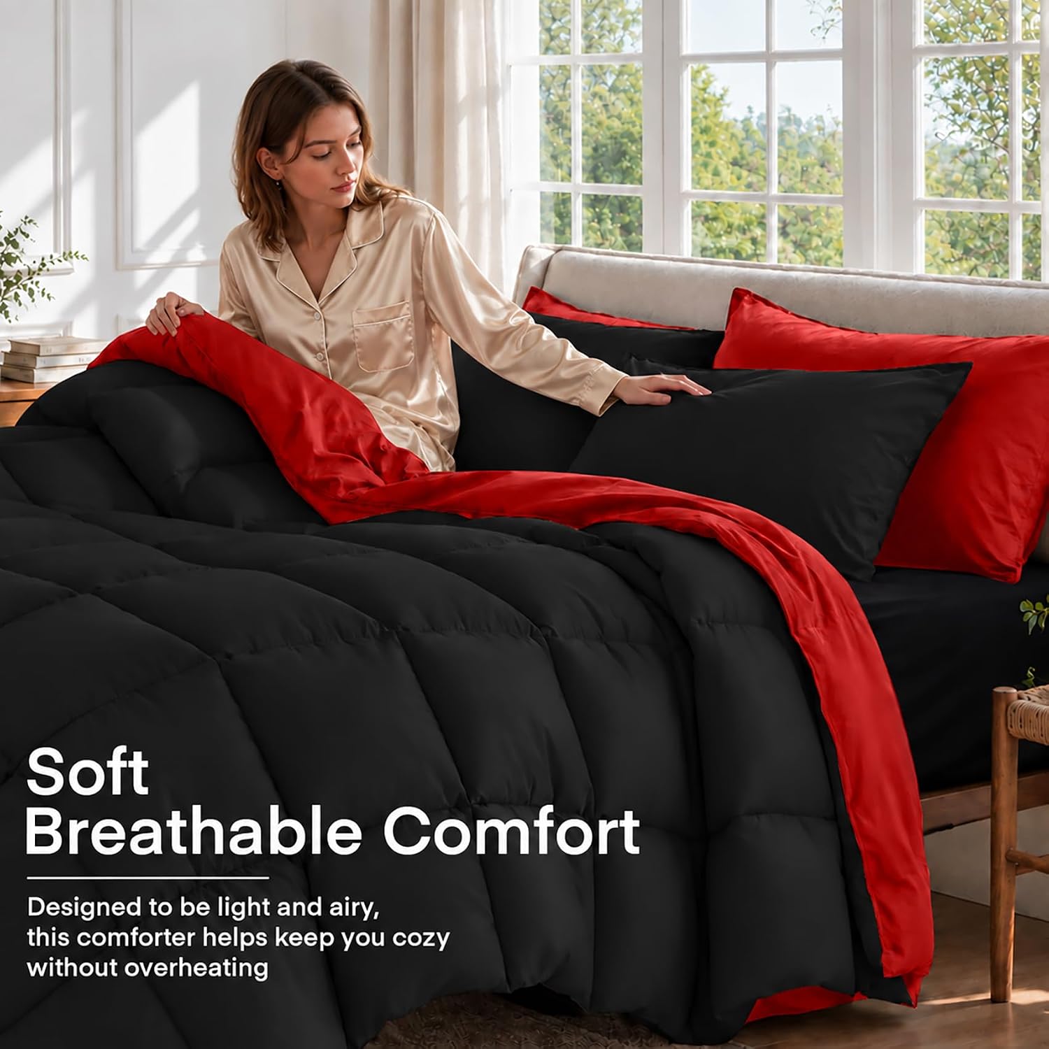 Detalle de Anluoer Queen Comforter Set 7 Piece: Reversible, Ultra-Soft, All-Season Bedding