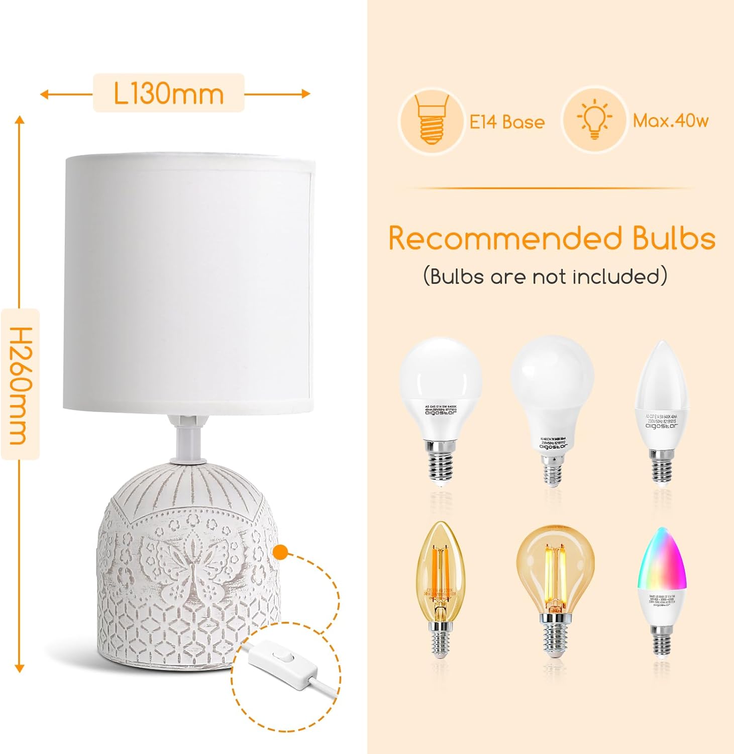 Thumbnail 2 de Aigostar lampada da comodino vintage in ceramica con paralume in stoffa e attacco E14