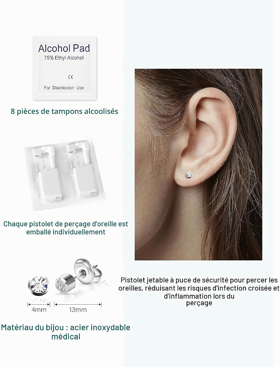 Detalle de Kit de perçage d’oreille jetable Yiorxu (8 pièces) avec pistolet et boucles à tige en acier inoxydable