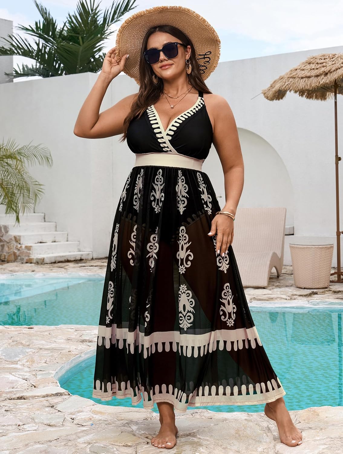 Thumbnail 3 de SCOMCHIC Plus Size One Piece Swimsuit with Tummy Control and Floral Mesh Skirt