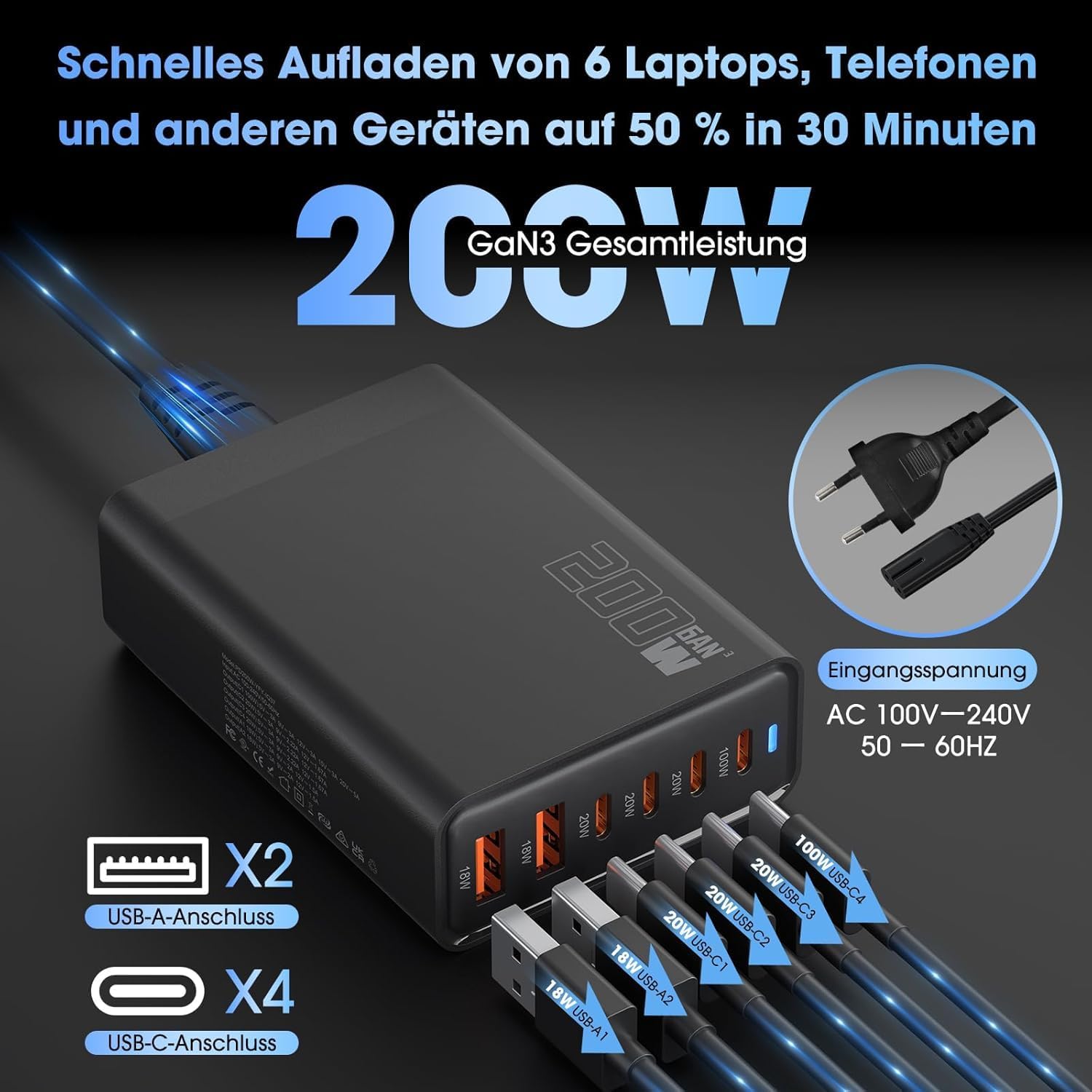 Detalle 2 de Cargador USB C 200W Estación 6 puertos 100W
