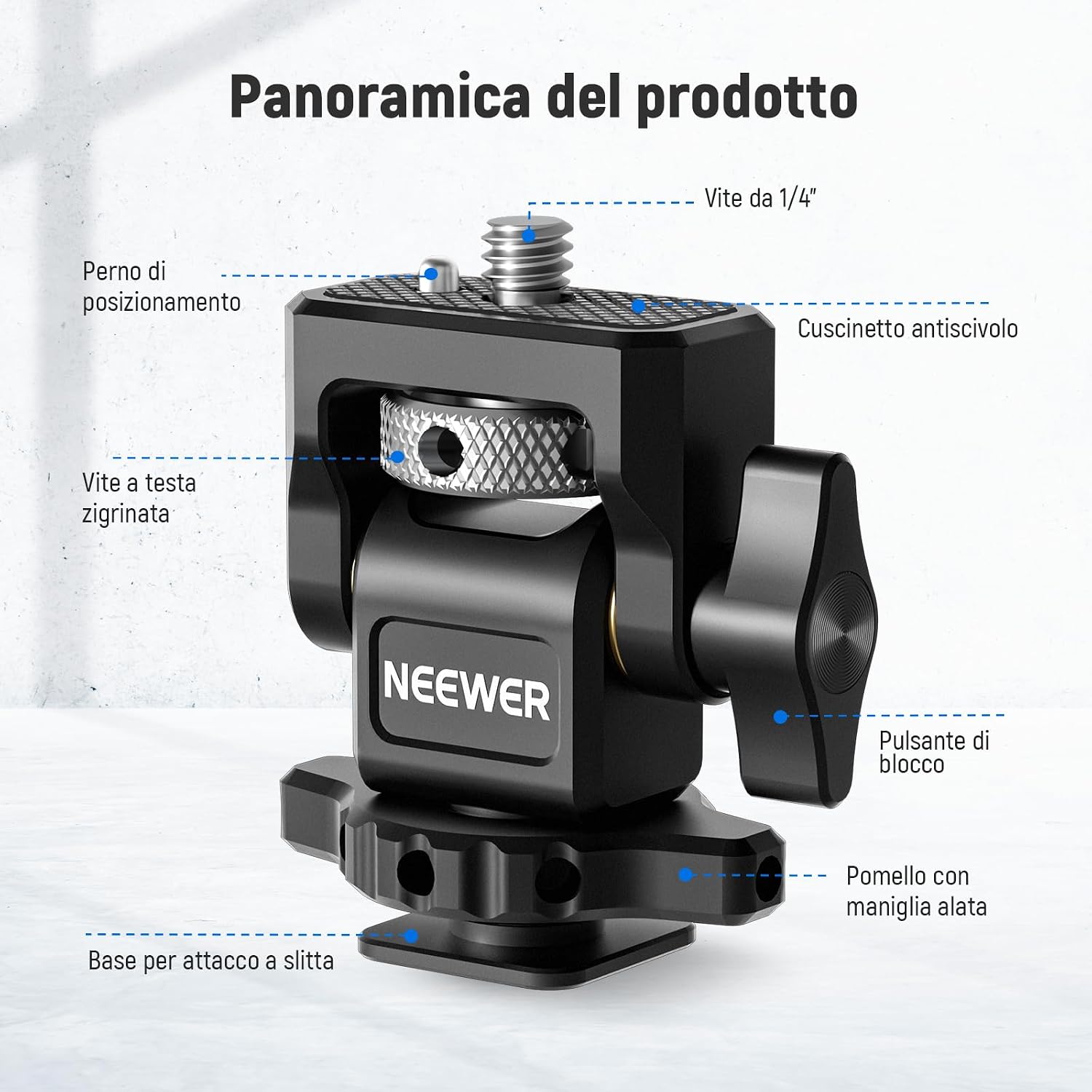 Detalle 2 de NEEWER Supporto per monitor fotocamera MA006 con cold shoe, rotazione 360° e inclinazione 180° (compatibile 5"-7" e Atomos Ninja V)
