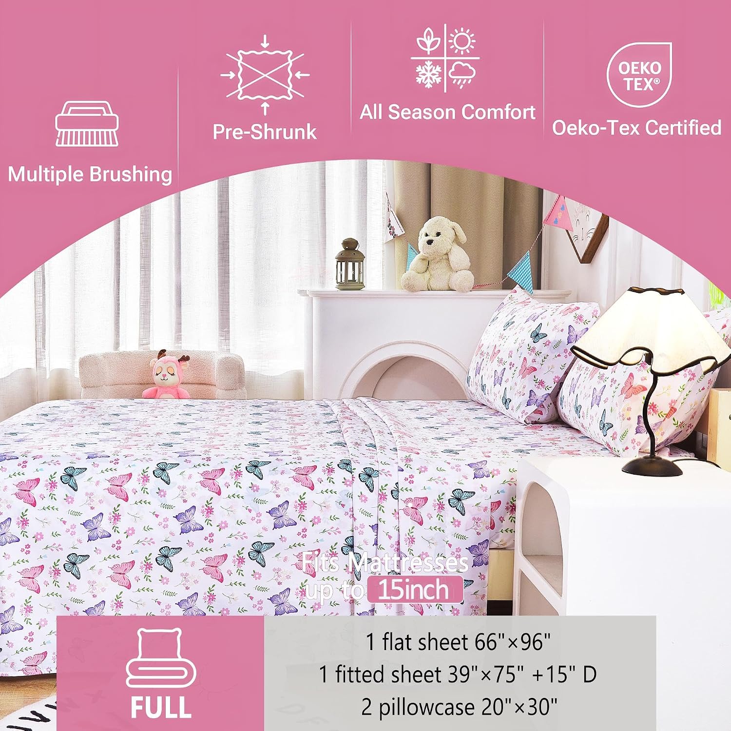 Detalle de Softan Kids Full-Size Bed Sheet Set, Butterfly Bloom, 15" Deep Pocket