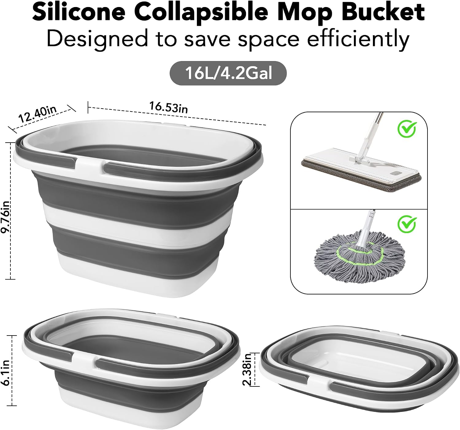Detalle 2 de Large Collapsible Mop Bucket, 16L/4.2 Gallon – BPA-Free, 20% Thicker & Stronger with Easy Grip Handles