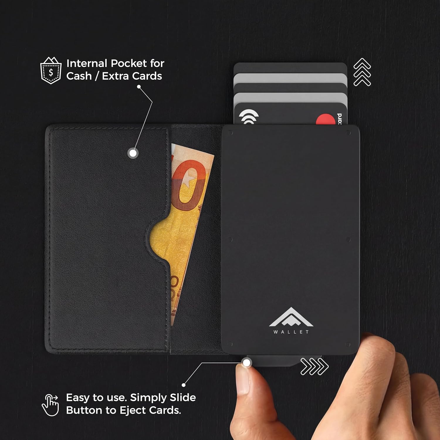 Thumbnail 2 de Stealth Wallet RFID Card Holder Wallet — Slim pop-up metal card case with gift box (Black aluminium & black leather)