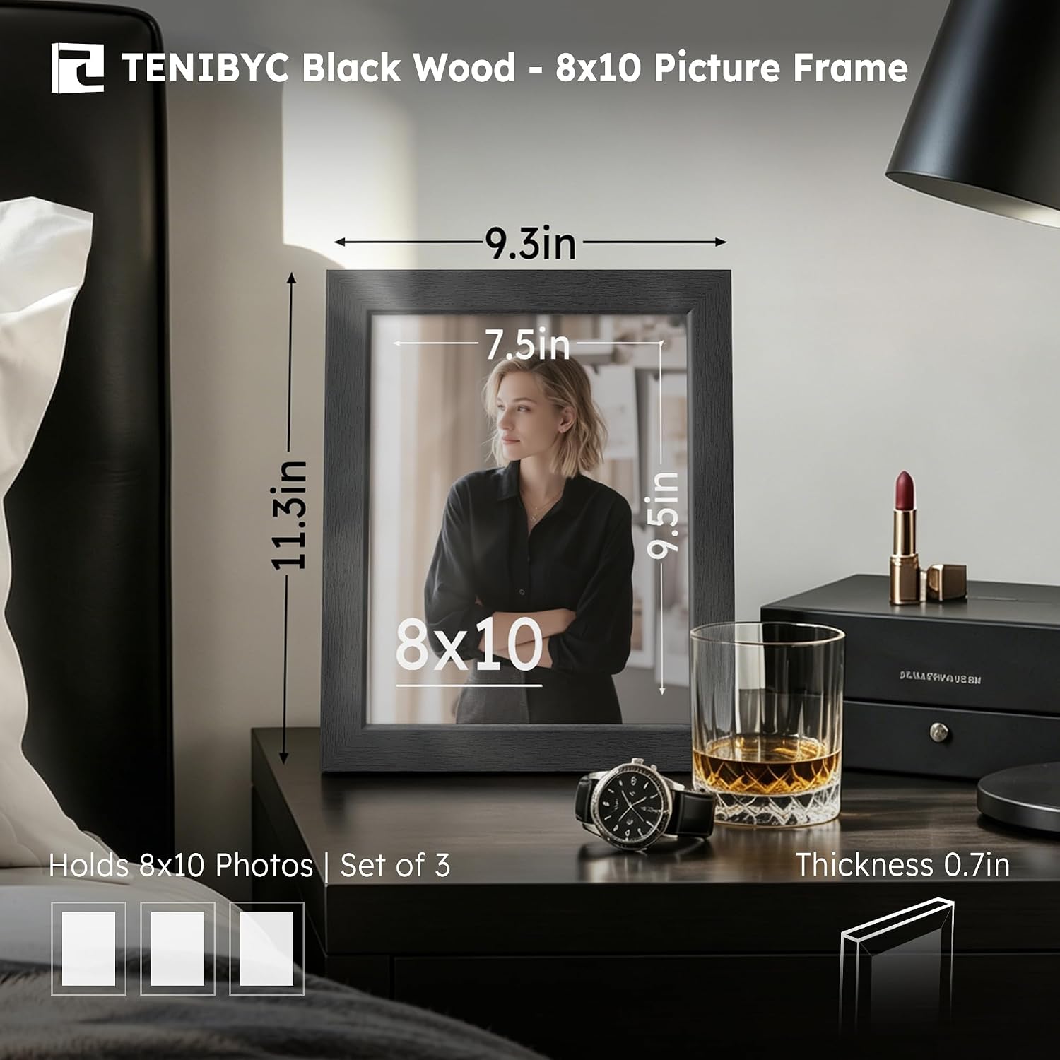 Thumbnail 1 de TENIBYC 8x10 Picture Frame Set (3 Pack) in Textured Black Solid Wood with HD Tempered Glass