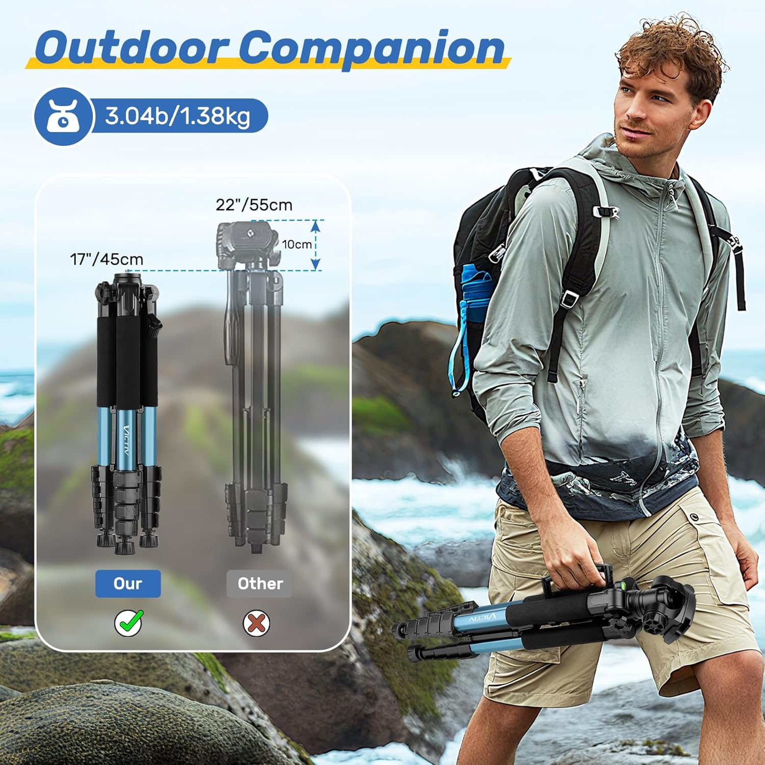 Thumbnail 3 de Victiv 188cm Camera Tripod with Detachable 3-way Swivel Head, Phone Holder & Remote Control (Blue)