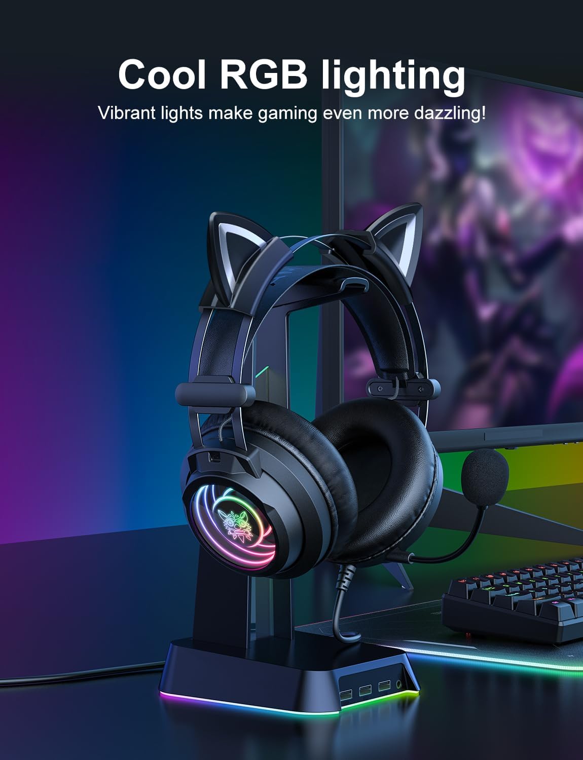 Thumbnail 3 de ONITOON Gaming Headset with Detachable Cat Ears, Detachable Microphone & Abyssal Mirror RGB