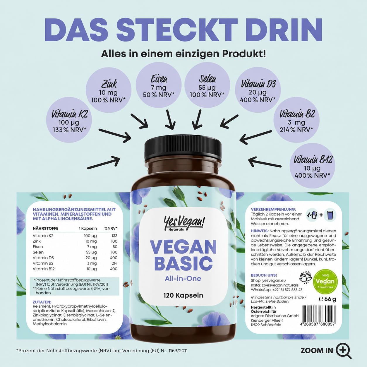 Thumbnail 1 de Vegan Complex – Vitamin B12, K2, D3, Eisen, Zink, Selen & Omega-3 (120 Kapseln) für Veganer & Vegetarier