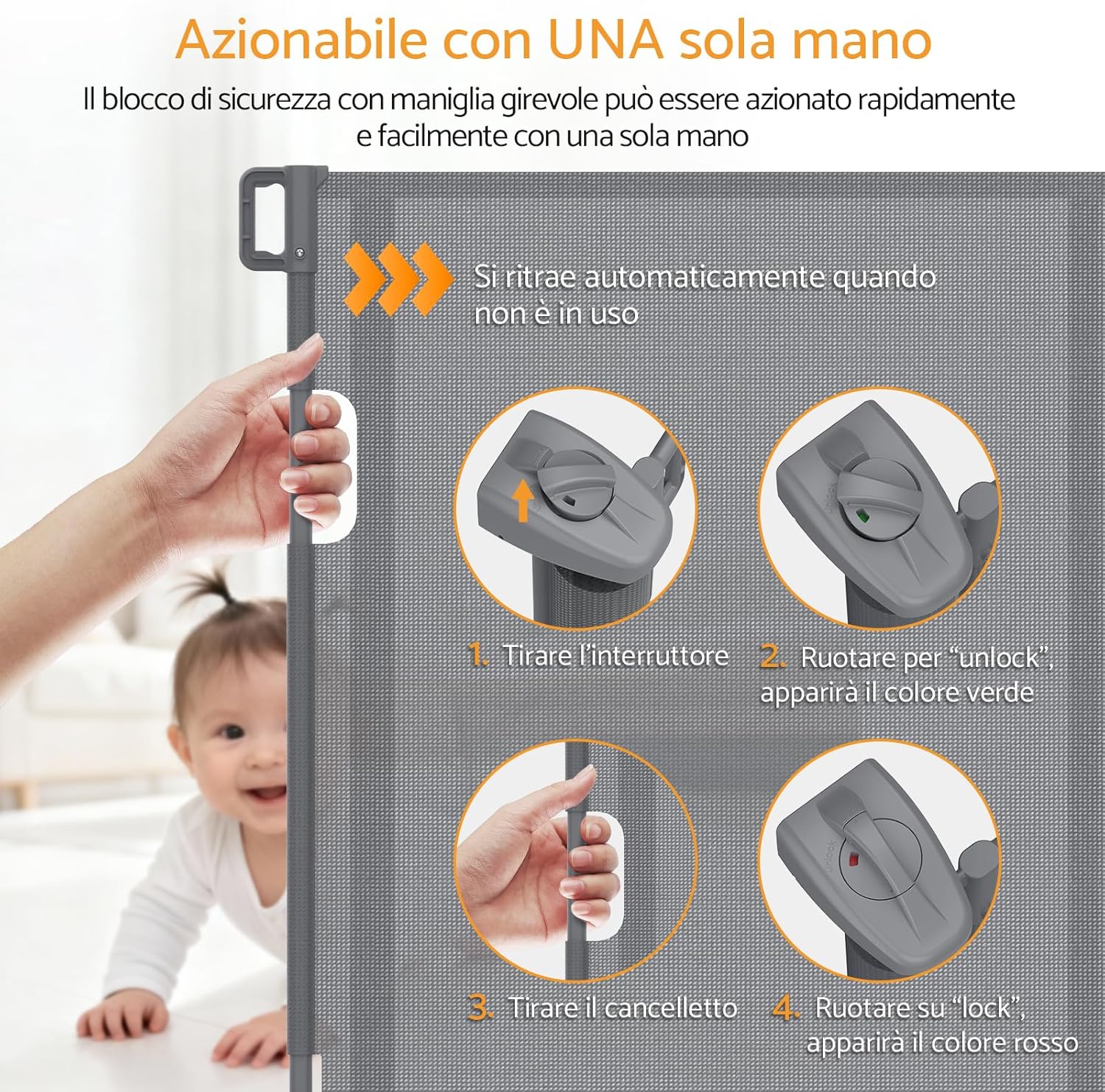 Thumbnail 5 de Maxetodo Cancelletto di Sicurezza Estensibile: barriera retrattile robusta per bambini e animali (0–140 cm)