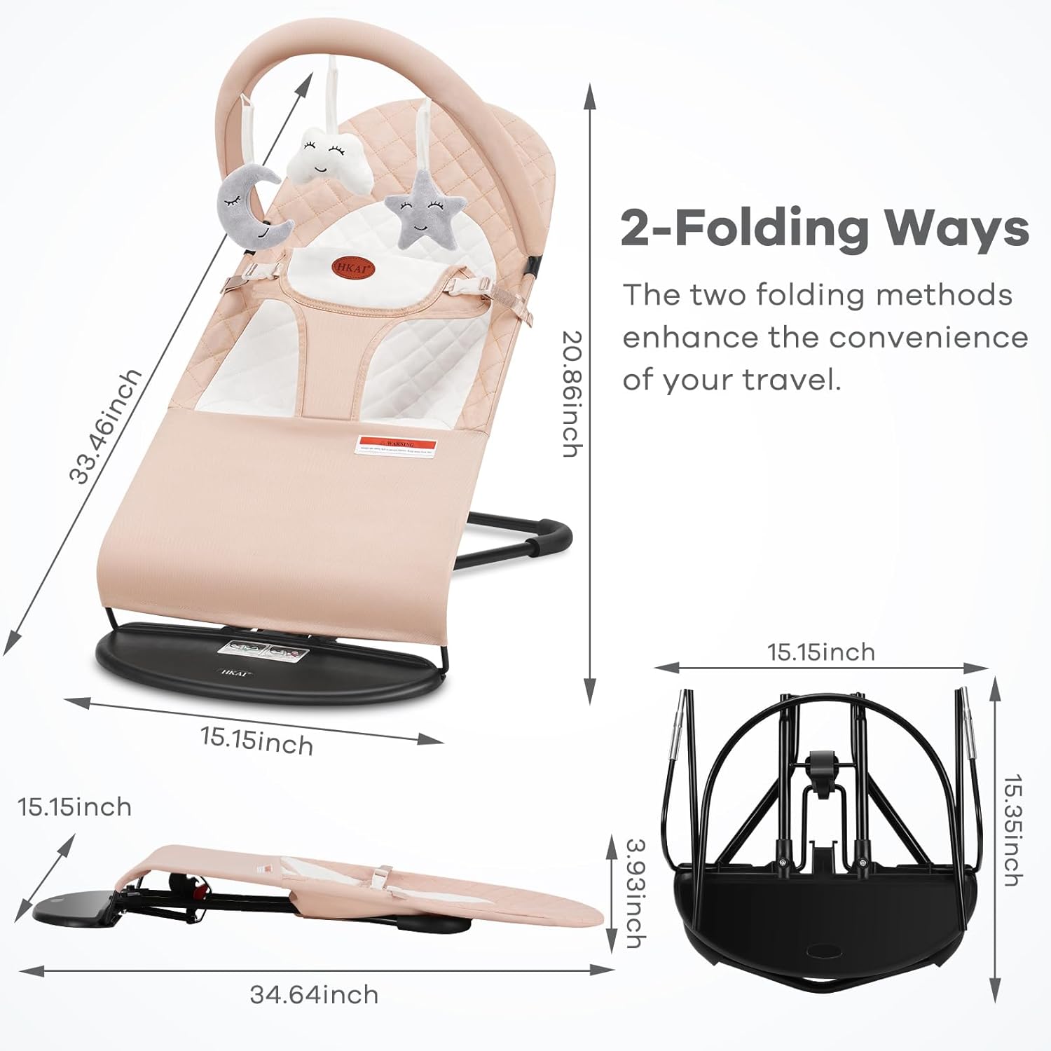 Detalle de HKAI Baby Bouncer, Portable Cotton Infant Seat with 3 Recline Positions and Toys