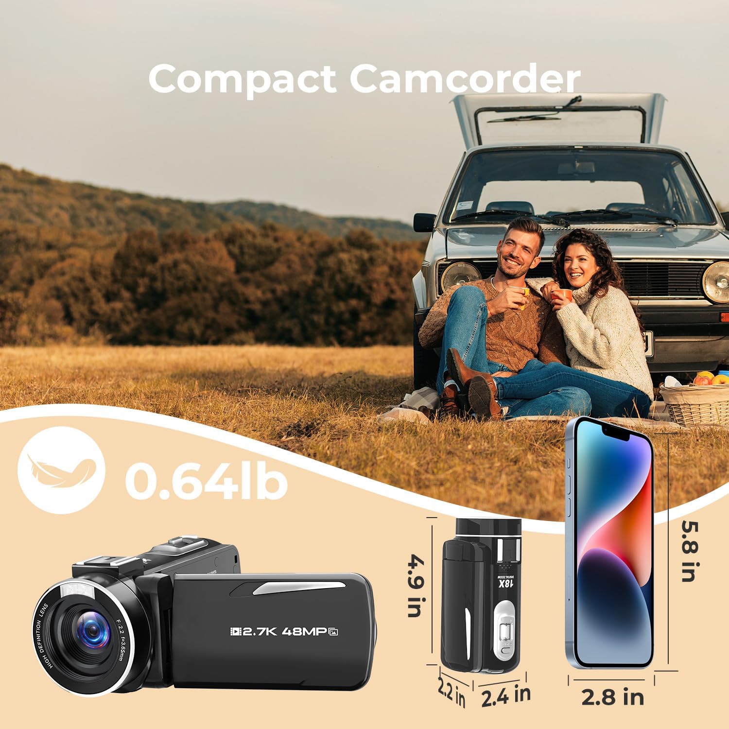 Thumbnail 6 de Videocamera 2.7K Camcorder 48MP con zoom digitale 18X e schermo 270° per vlogging e webcam (scheda 32 GB inclusa)