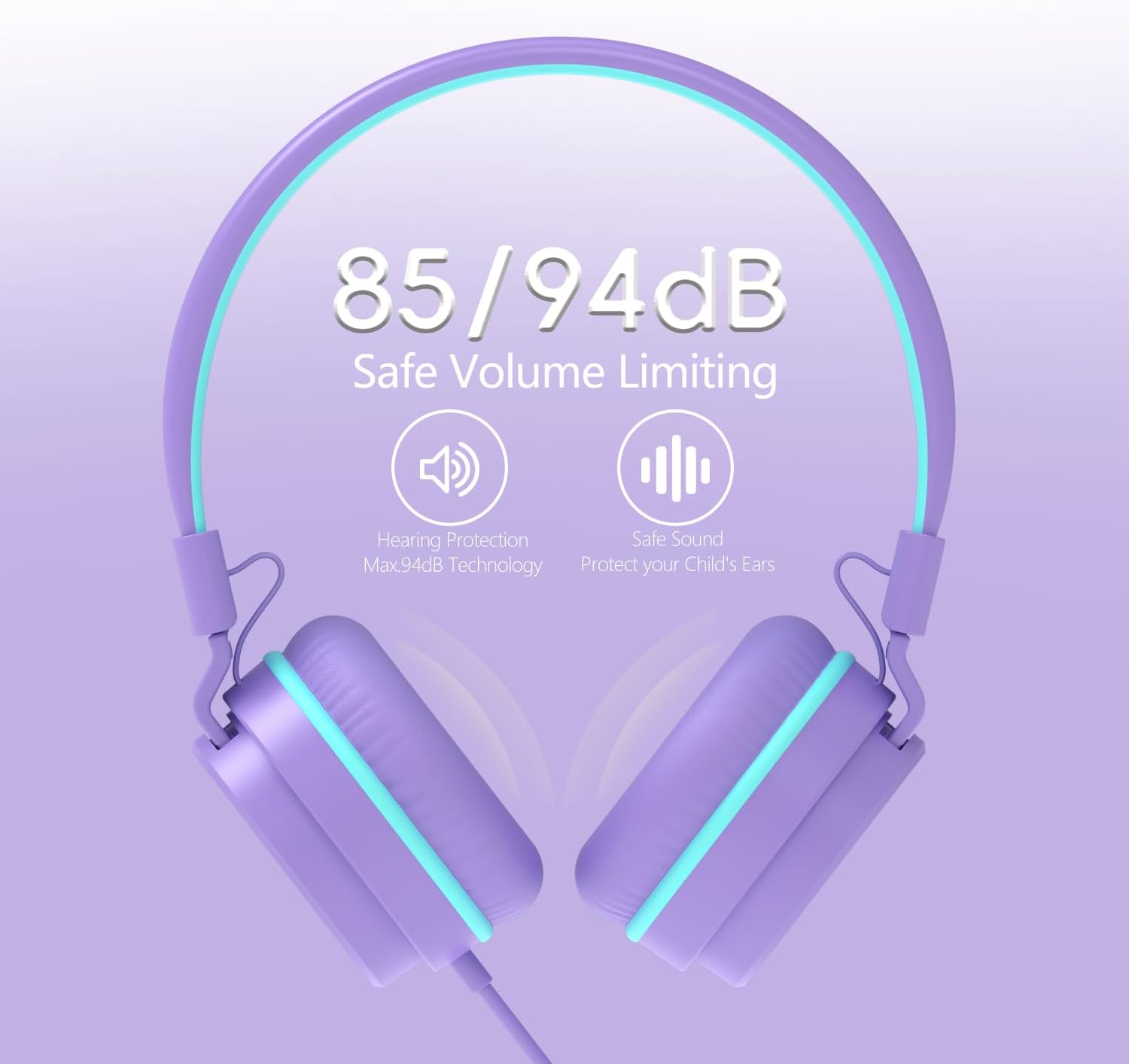 Detalle de YOYOTUNE Kids On-Ear Headphones with Mic – Safe Volume Limiter, 3.5mm Wired, Foldable & Lightweight (Purple)