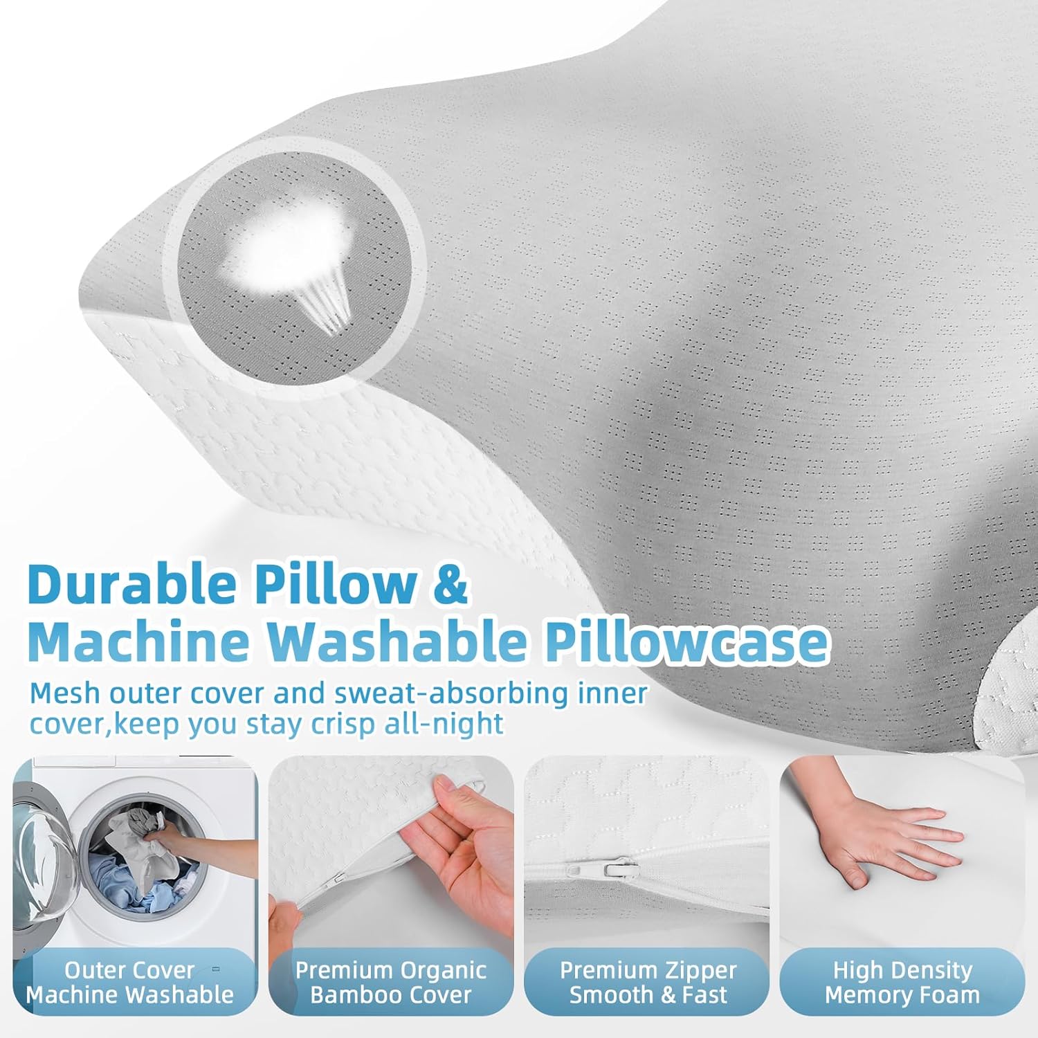 Detalle de Ecosafeter Oreiller Ergonomique à Mémoire de Forme – Soutien cervical et épaules avec housses en fibre de bambou