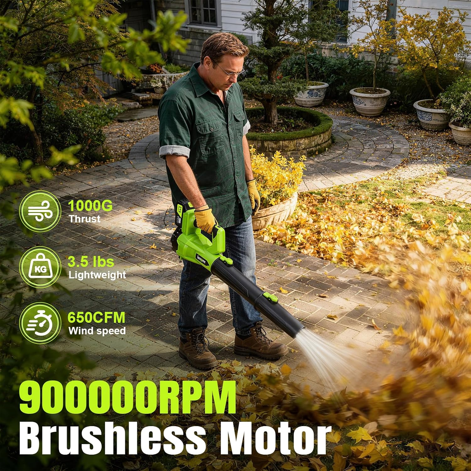 Detalle de laapee BF868 Cordless Leaf Blower, 650 CFM, 6 Speeds, Two 4.0Ah Batteries