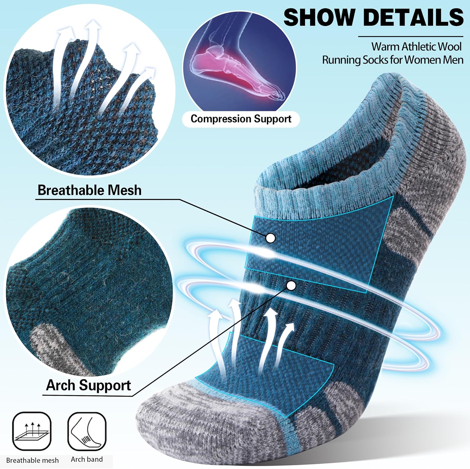 Detalle 2 de Merino Wool Running Socks, 6 Pairs