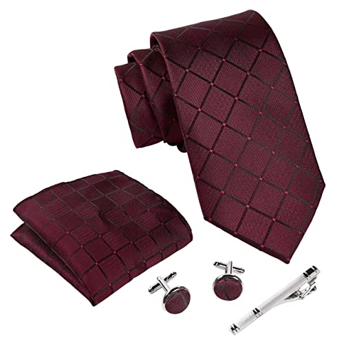 Detalle 2 de Massi Morino – Set corbata burdeos de cuadros con pañuelo a juego y accesorios (5 en 1) para hombre