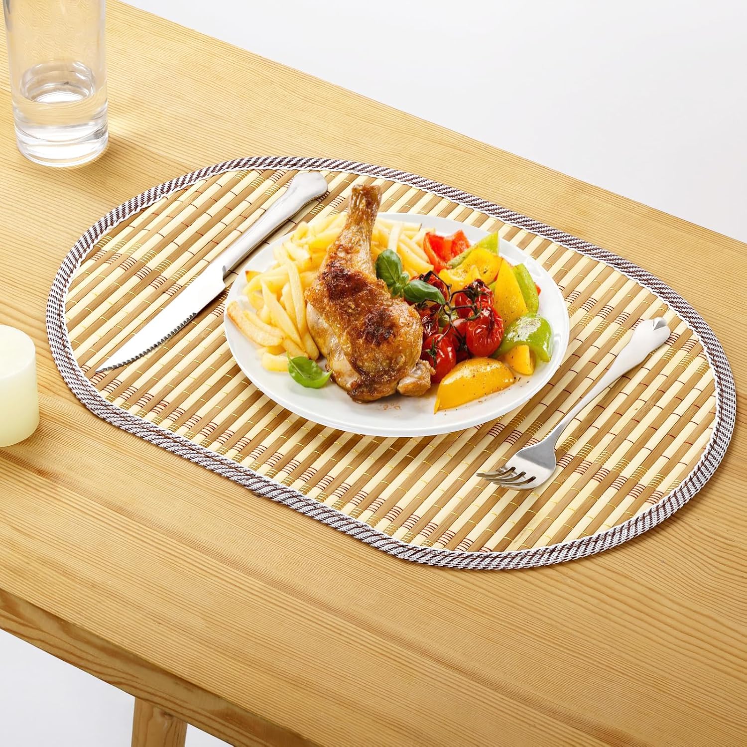 Detalle de Fanquare Bamboo Placemats Set of 6 – Rustic Japanese Style Oval Weaved Mats with Fabric Border