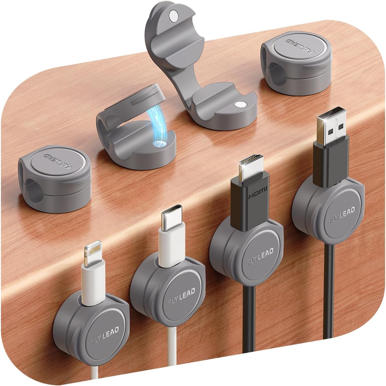 FLYLEAD (8 pièces) clips de câble en silicone avec fixation magnétique et adhésif acrylique, gris