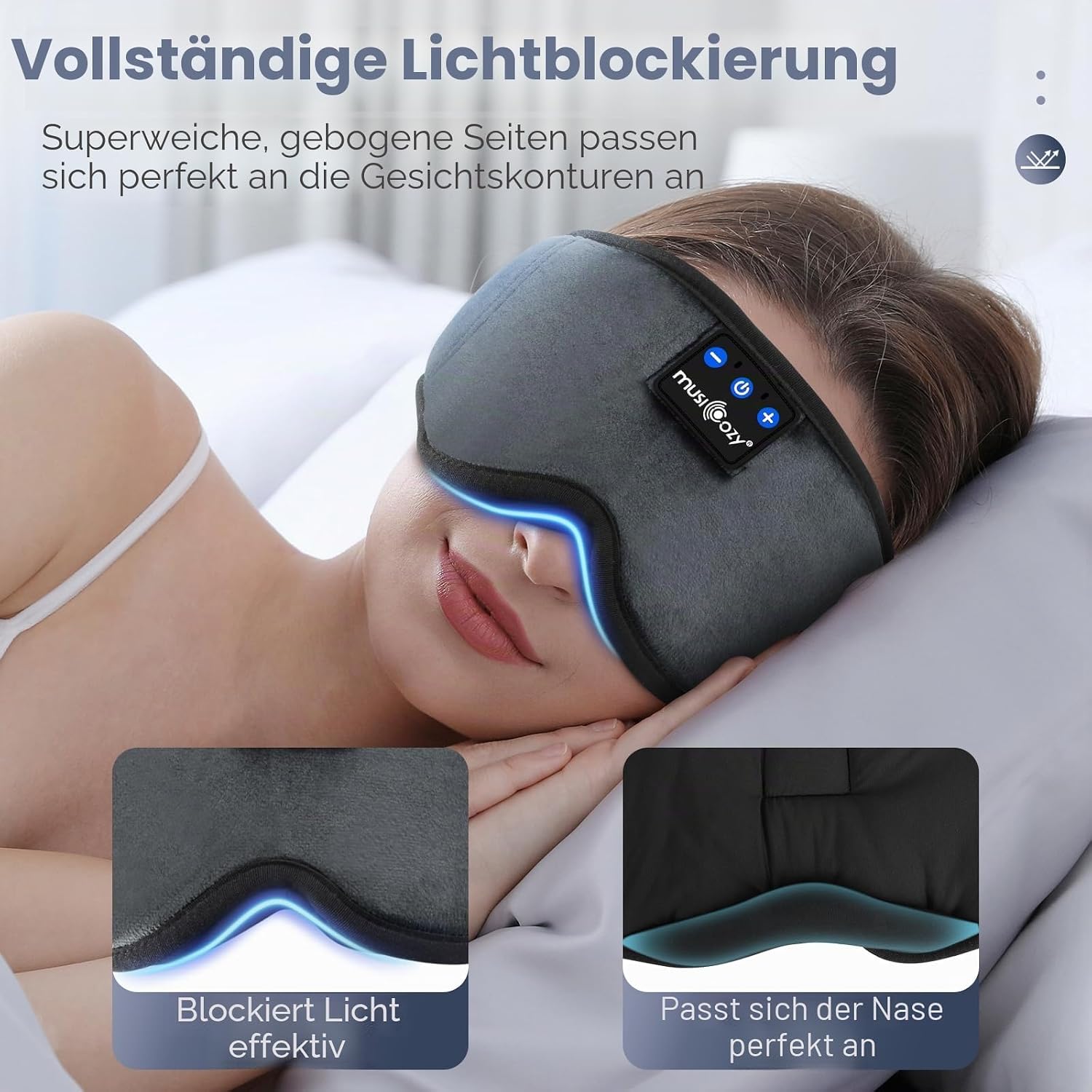 Detalle de MUSICOZY Schlafmaske mit Kopfhörer – Bluetooth 5.4 Schlafkopfhörer mit 100% Schattenmaske für Reisen