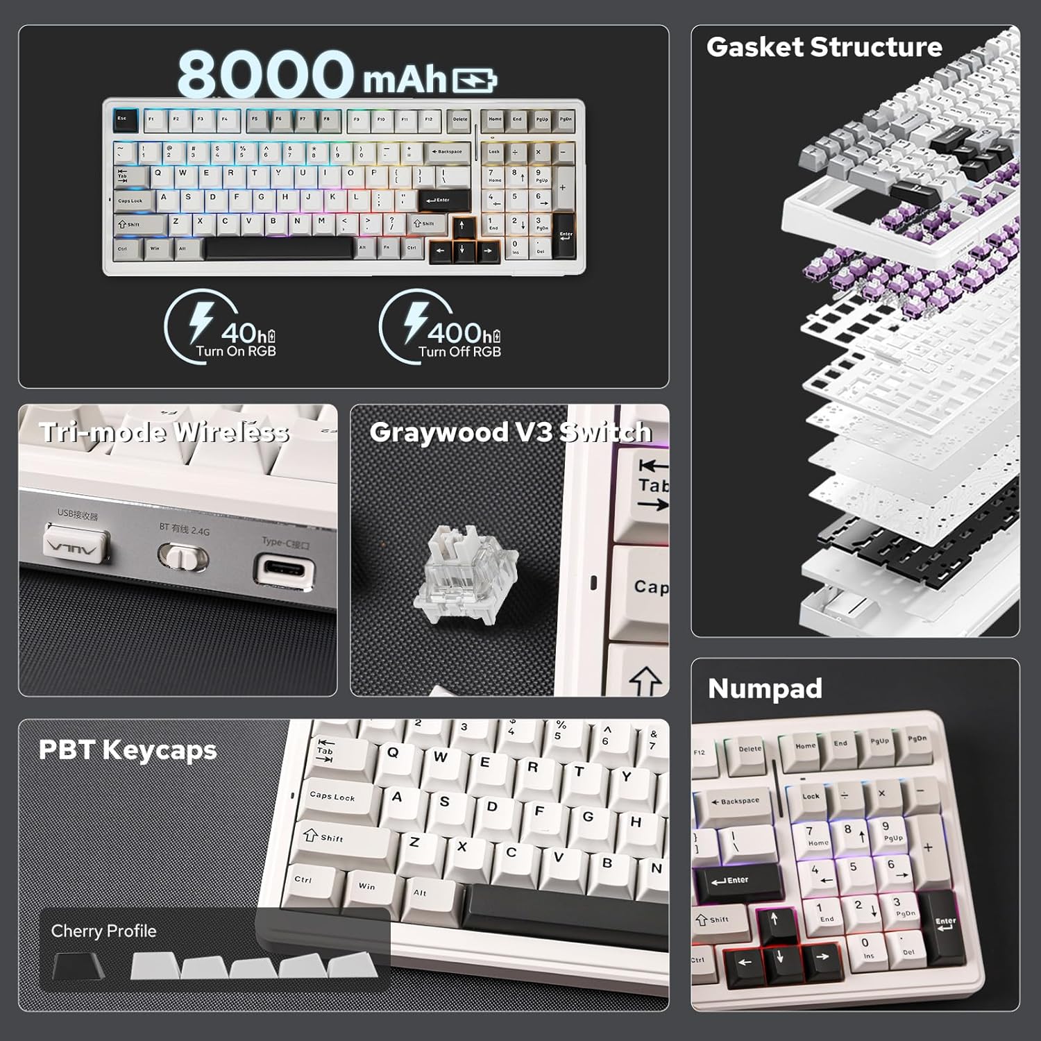 Detalle de EPOMAKER x Aula F99 Wireless Mechanical Keyboard (White Grey, Graywood V3) — Hot-Swappable, Gasket-Mounted, BT/2.4GHz/USB-C