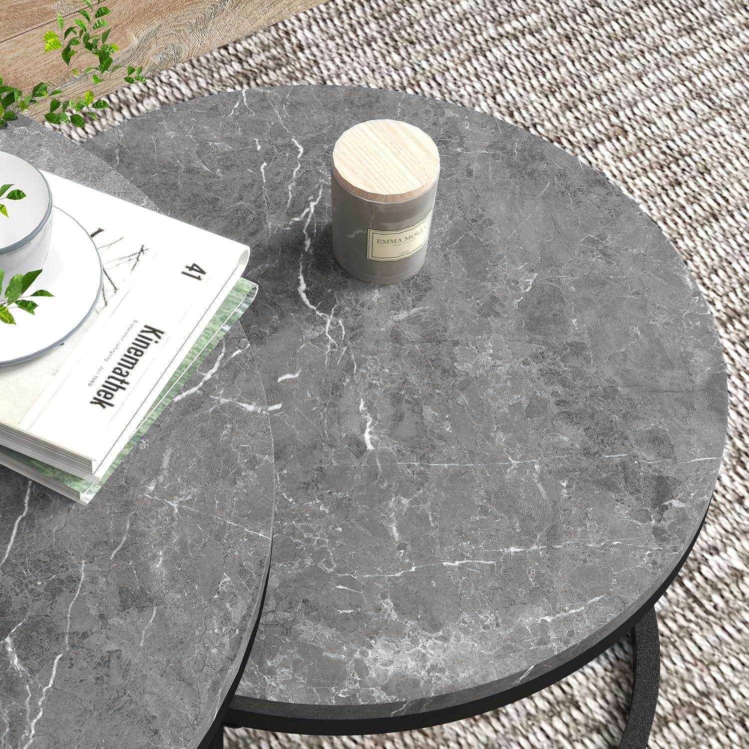 Thumbnail 6 de HOMCOM Lot de 2 tables basses gigognes rondes empilables, plateau gris imitation ciment et piètement métal noir