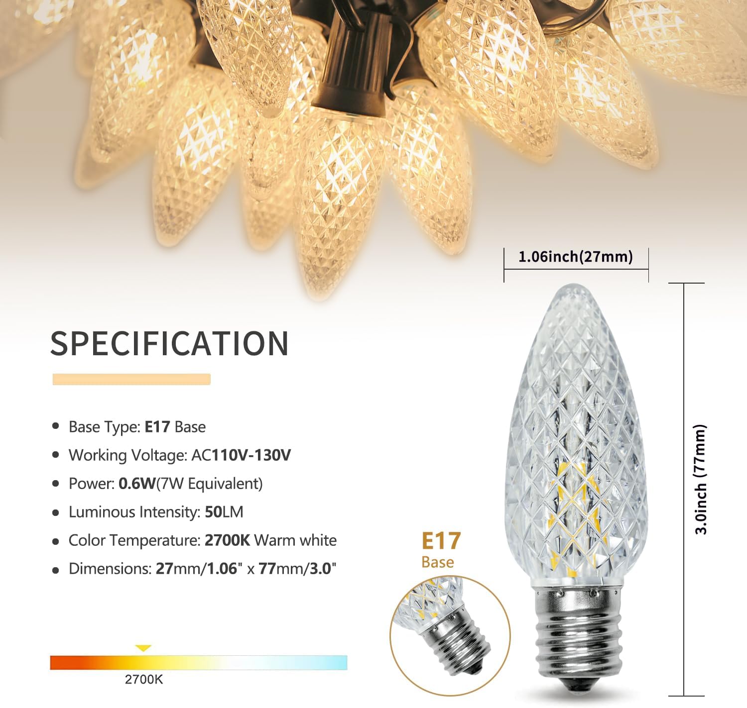 Detalle 2 de Austin Coast C9 LED Christmas Bulbs, 100-Pack, 2700K Warm White, E17 Base