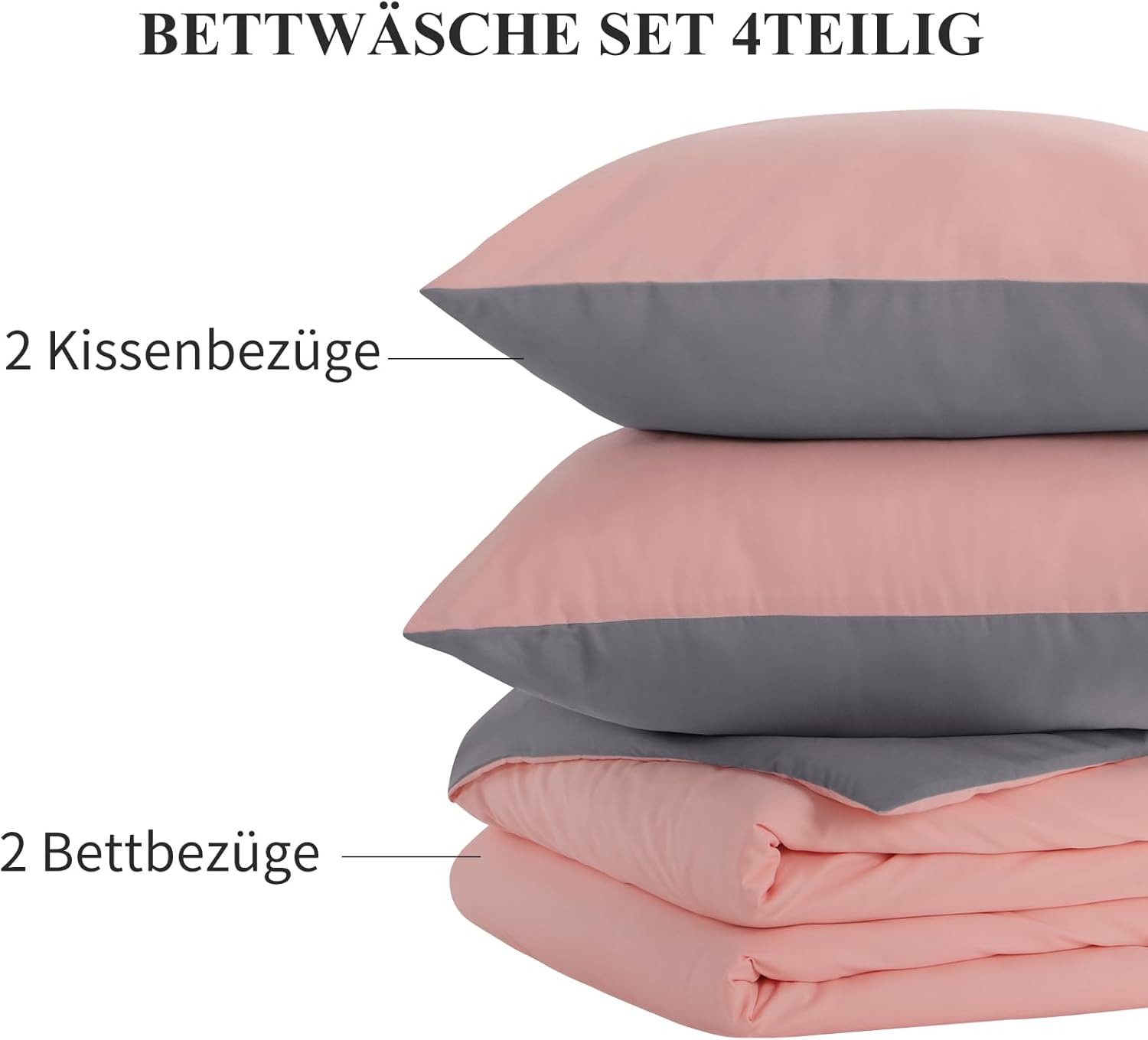 Thumbnail 6 de Aisbo Bettwäsche 135x200 4-teilig Rosa/Grau (Wendebettwäsche mit Mikrofaser) – 2 Bettbezüge + 2 Kissenbezüge