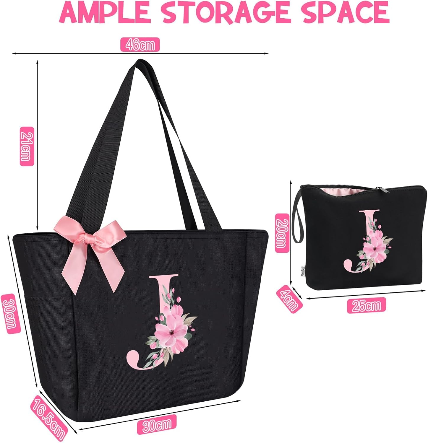 Detalle de Vavabox A-Z Initial Personalized Tote Bag: Waterproof, 46 x 17 x 30 cm, 0.24 kg – 03-Black Set (J)