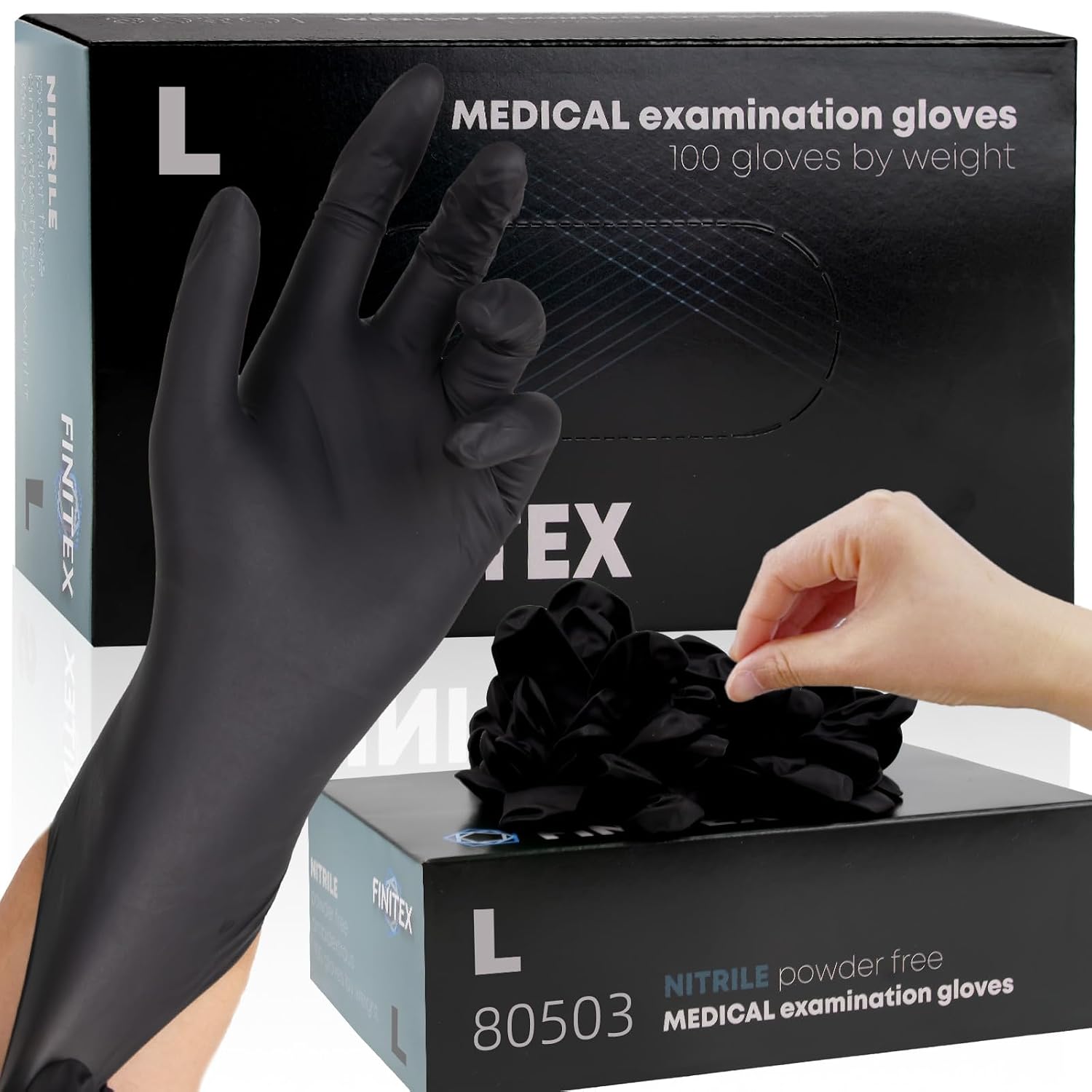 Detalle de FINITEX Black Nitrile Gloves 5 mil, 100 pcs