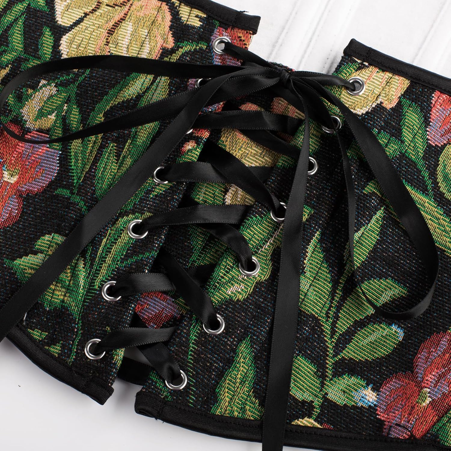 Detalle 2 de SCARLET DARKNESS corsetto bustier rinascimentale donna con lacci frontali e stampa floreale