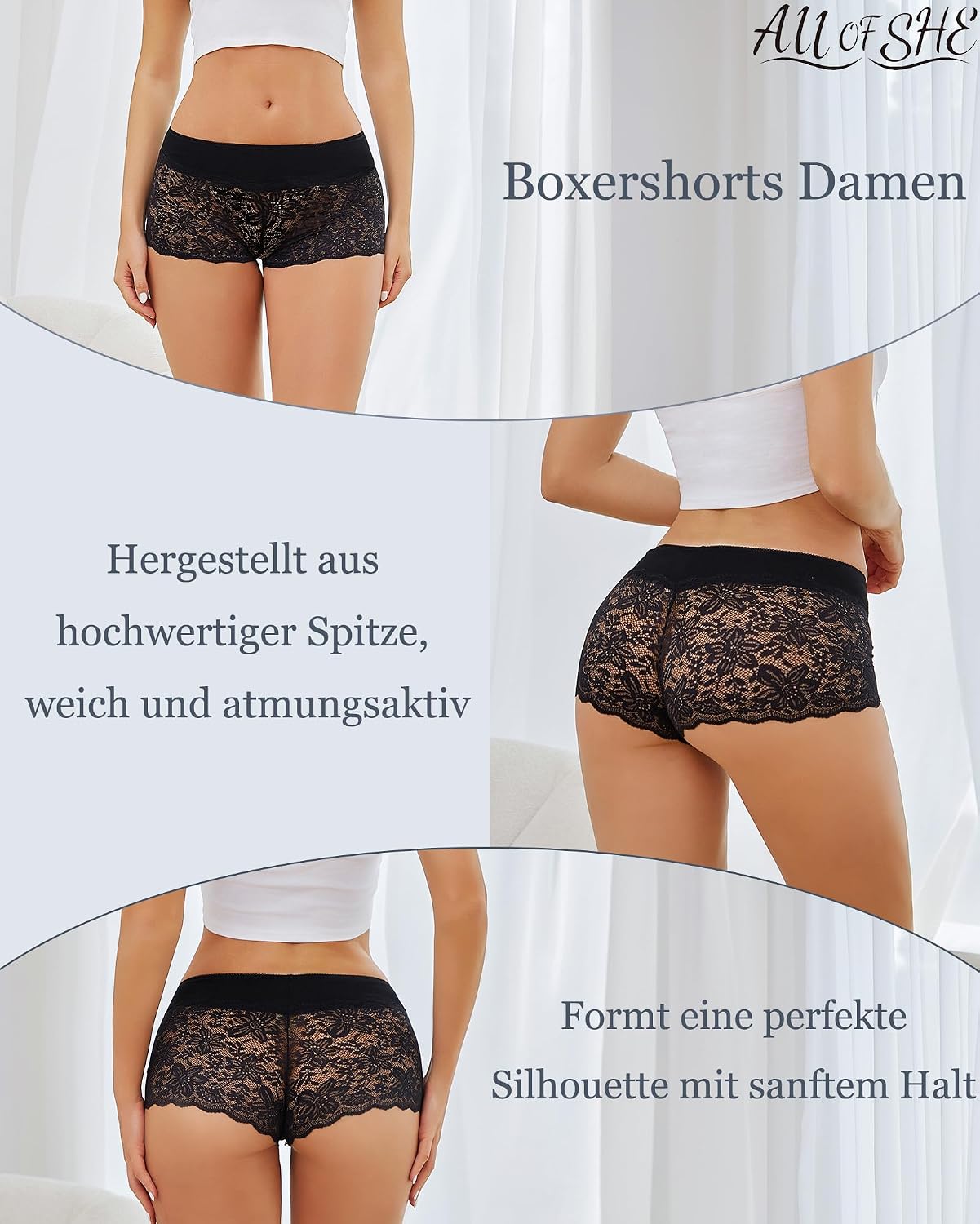 Detalle 2 de ALL OF SHE 5er-Set Damen-Boxershorts mit Spitze in großen Größen (S–3XL)