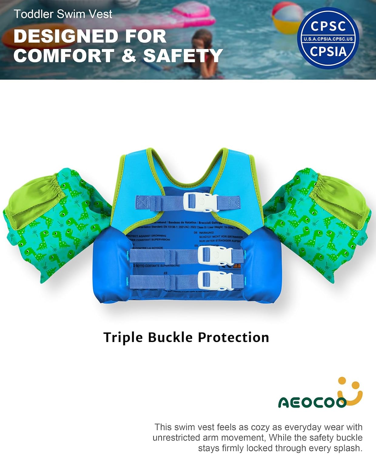 Detalle 2 de AEOCOO Puddle Float Jumper Toddler Swim Vest (20–30–50–60–70 lbs) with Swim Arm Floaties & Water Wings