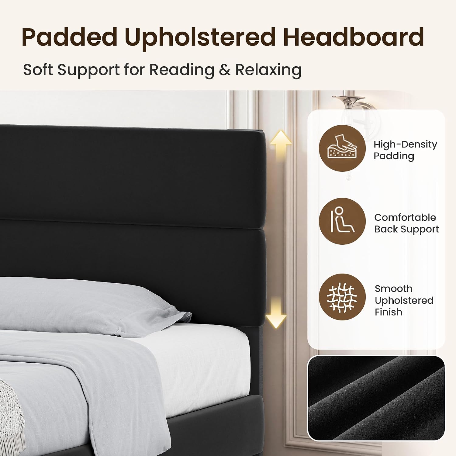Thumbnail 4 de GRUSIGN HFCJ-K-BLK King Platform Bed Frame with Velvet Headboard