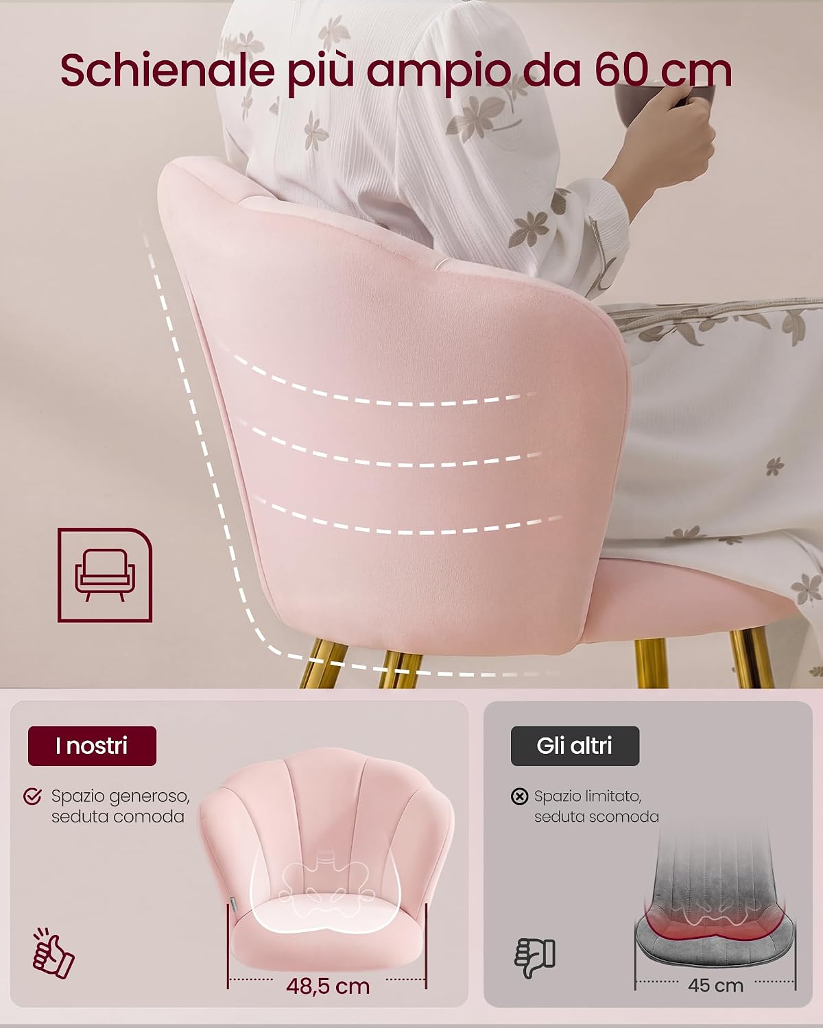 Detalle de VASAGLE Sedia da Pranzo Cucina KDC099S101: seduta imbottita in velluto rosa con schienale a forma di petali