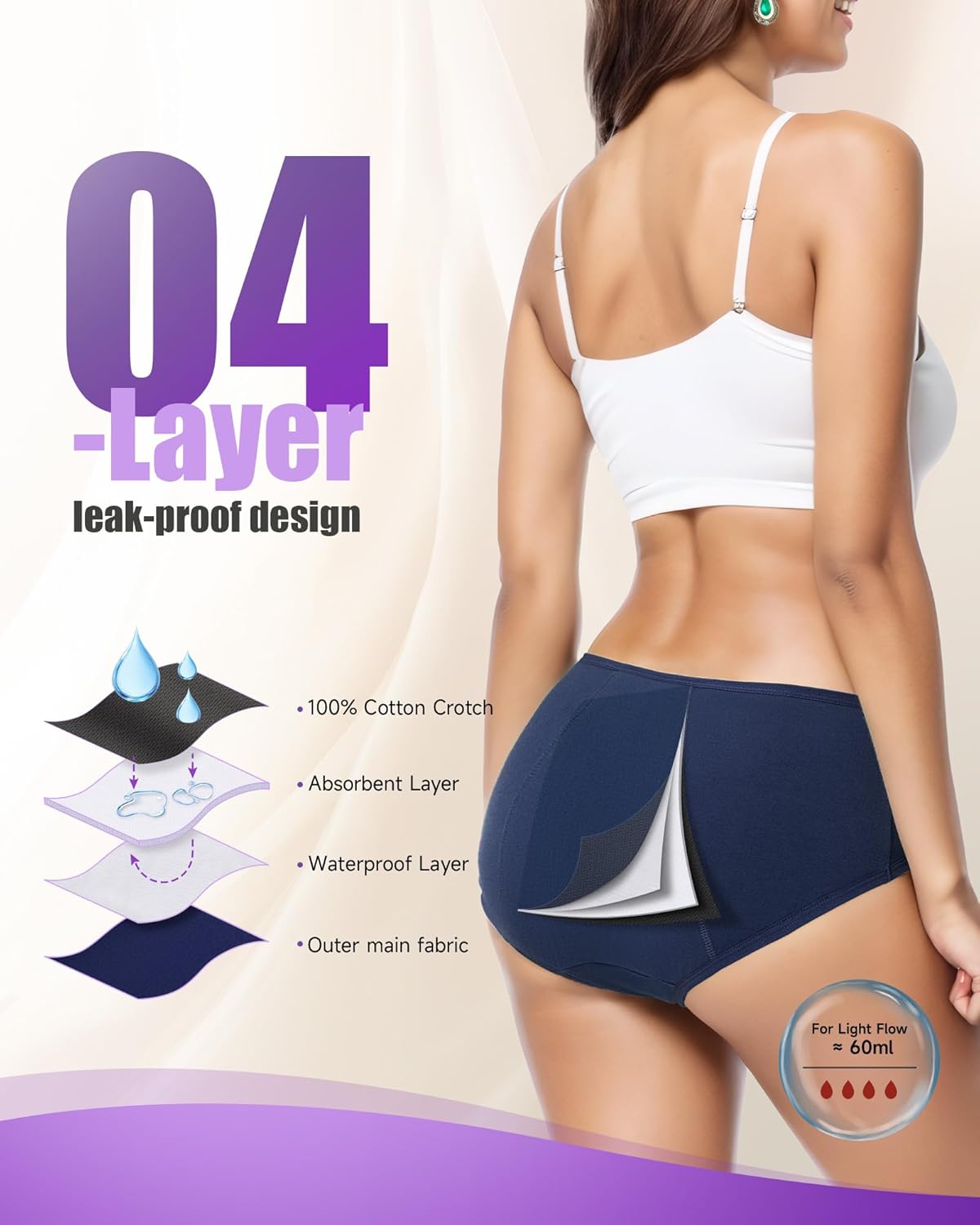Detalle 2 de TANSTC mutande mestruali donna in cotone, 4 strati anti-perdite (3 pack)