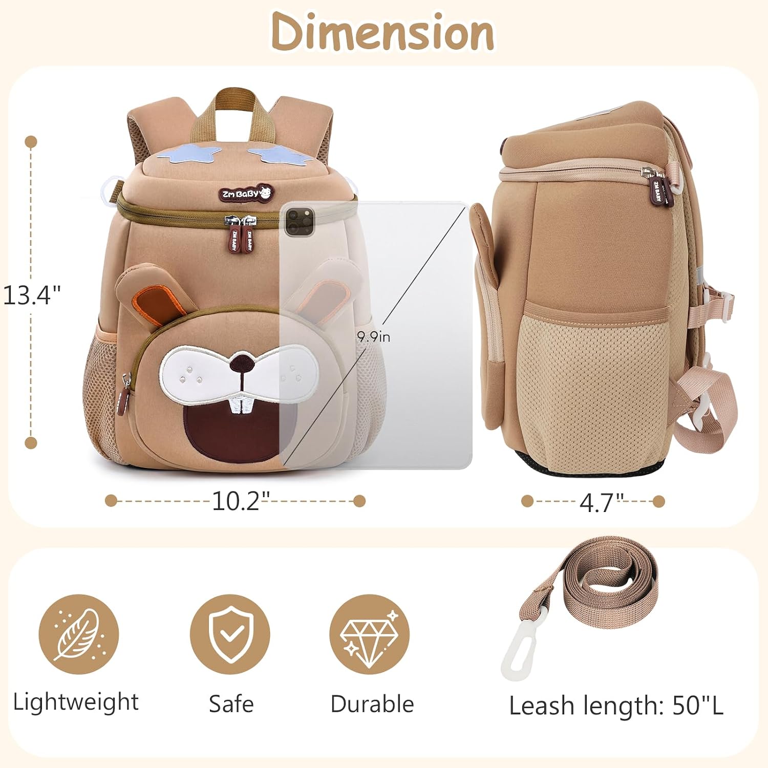 Thumbnail 5 de Aulenge Ultra-Waterproof School Backpack – Cute Rabbit Design with Anti-Lost Leash (Khaki)