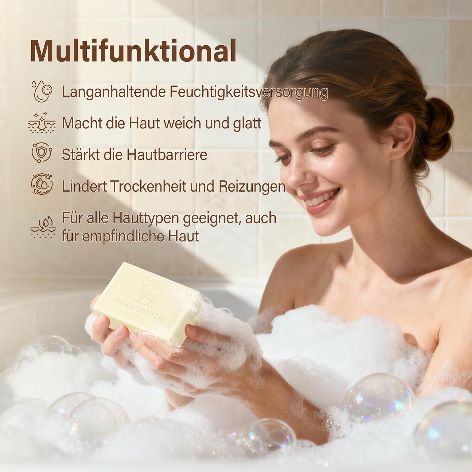 Detalle de Beef Tallow Soap – Duftlose Talgseife, 3 × 100 g, natürlich grasgefüttert