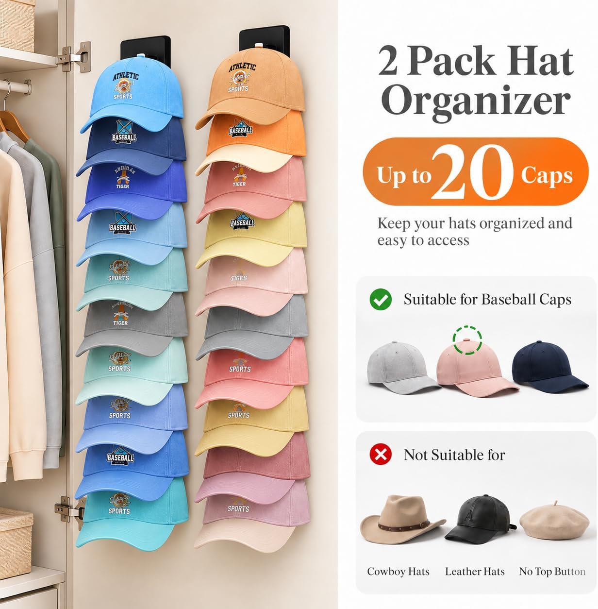 Thumbnail 4 de Lifewit 25093 Wall-Mounted Hat Organizer, 20-Capacity Rack with Elastic Clamps