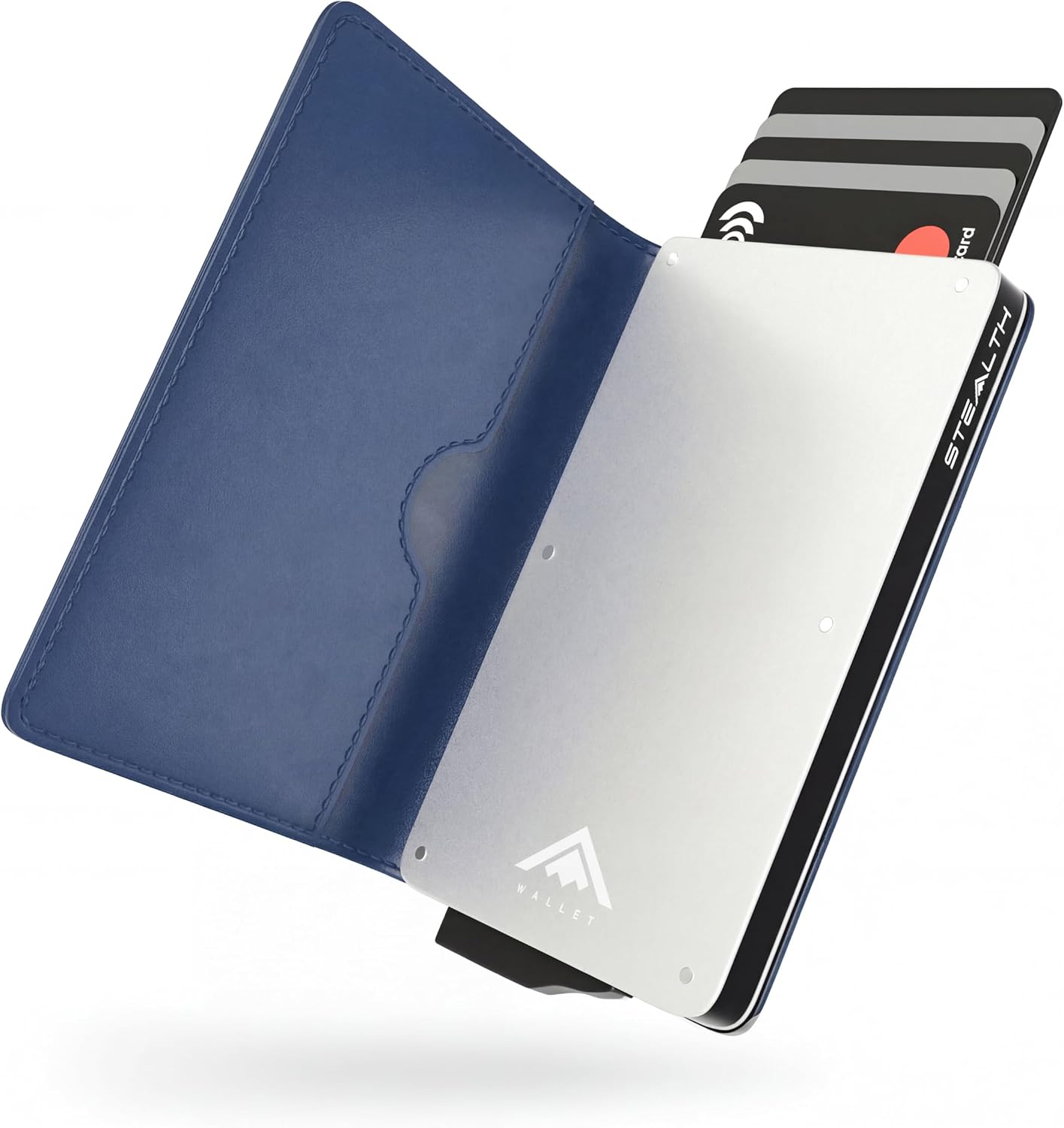 Detalle de Stealth Wallet RFID Card Holder Wallet — Slim pop-up metal card case with gift box (Black aluminium & black leather)