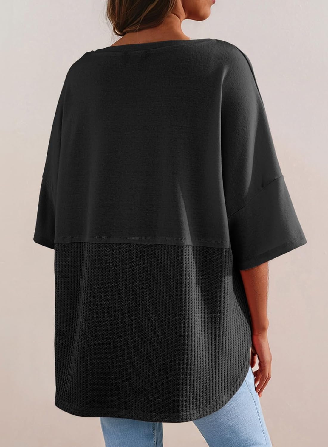 Detalle de Dokotoo Damen-Waffelstrick Bluse mit Patchwork, Oversize Tunikashirt und 3/4-Ärmeln