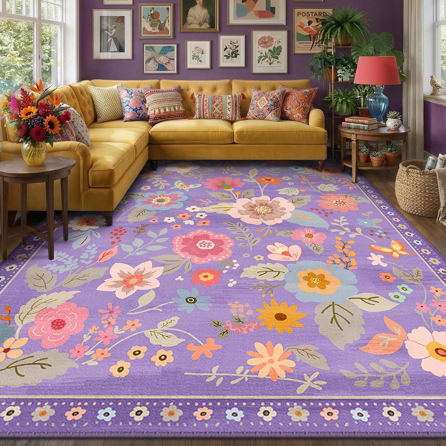 Detalle de RELEANY d-greenfield 9x12 Floral Area Rug, Washable Polyester, Purple