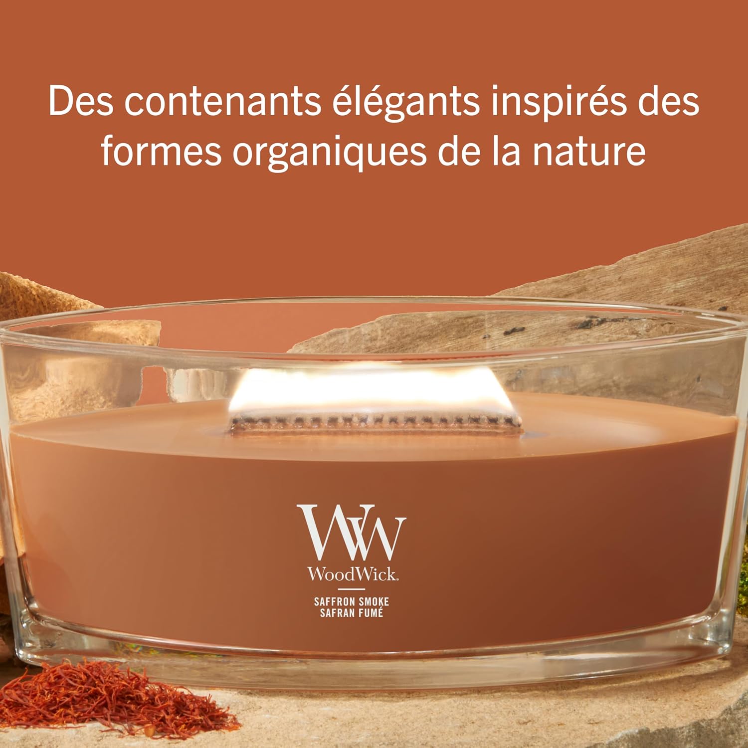 Detalle de WoodWick Bougie parfumée Bougie Ellipse Safran fumé – cadeau élégant pour femmes