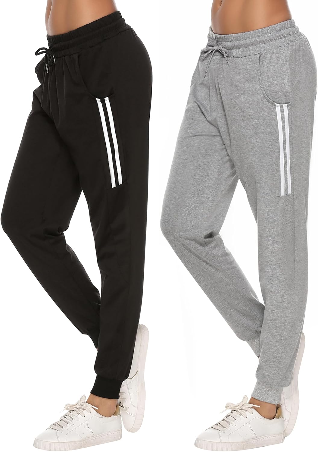 Detalle de Sykooria Damen Jogginghose Lang – Baumwolle High Waist, Doppelpack Schwarz/Grau, XL
